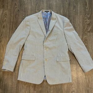 Light blue and white seersucker suit jacket